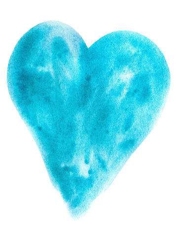 Blue heart on paper painted with watercolor