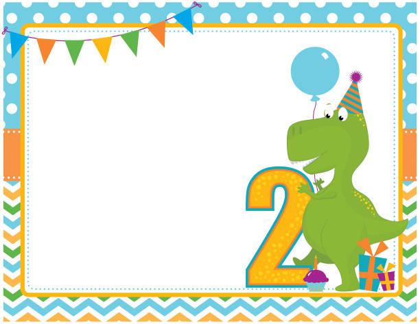 Dinosaur Second Birthday Card A vector illustration of a second birthday card featuring a dinosaur. Objects are grouped and layered for easy editing. Files included: AI, EPS10, large high res JPG and PNG. dinosaur birthday stock illustrations
