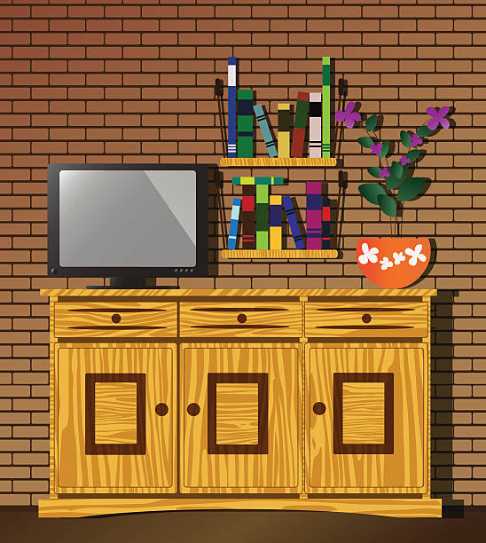 リビングルームに、ドレッサー、テレビ、ブックシェルフと花 - closet cabinet dresser drawer点のイラスト素材／クリップアート素材／マンガ素材／アイコン素材
