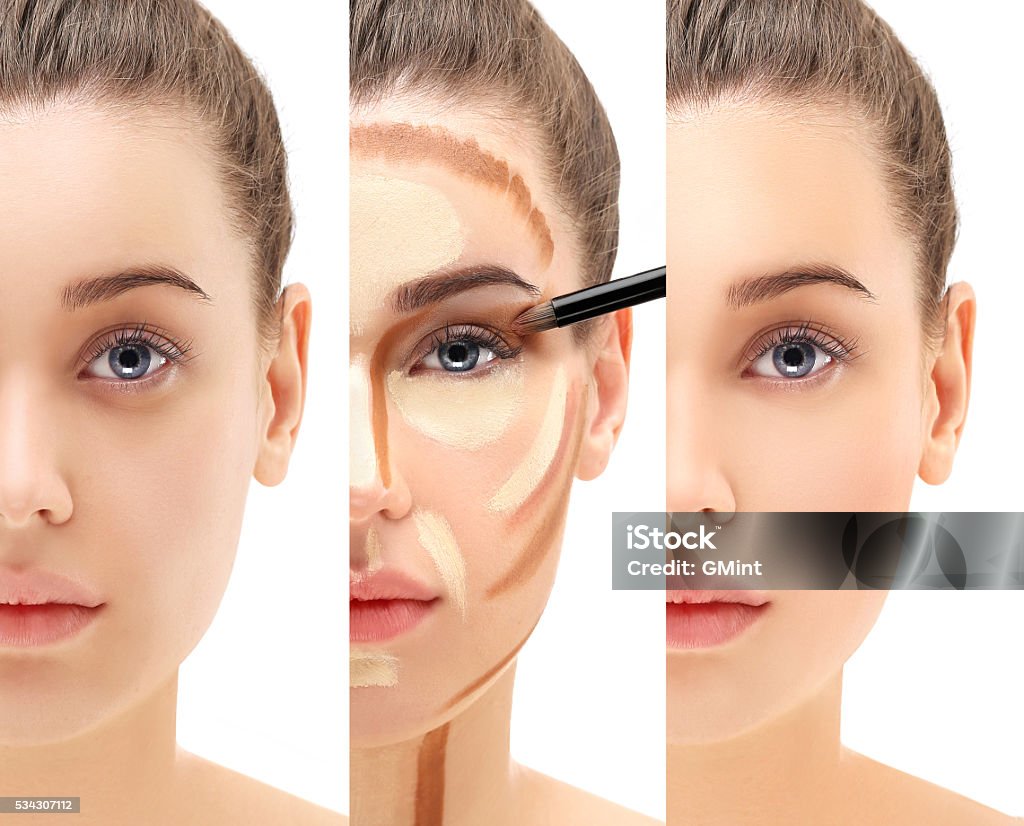 Make up woman face. Contour and highlight makeup. Adolescence Stock Photo