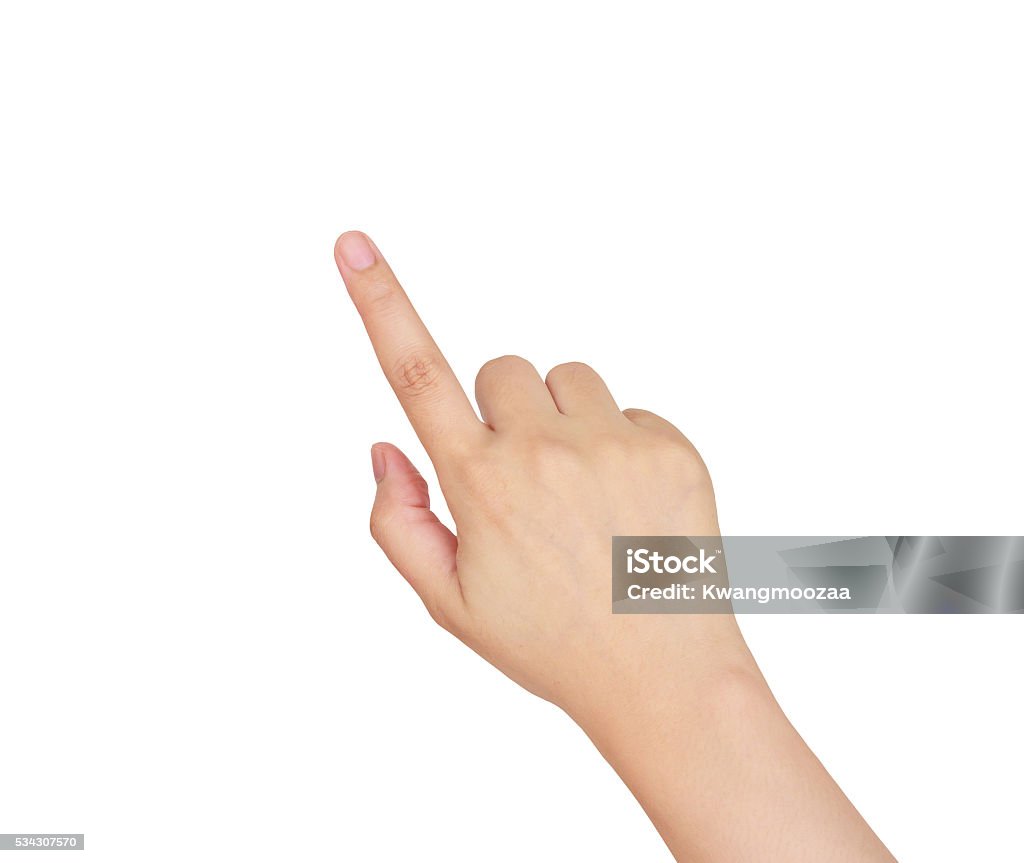 female hand touching, pointing to something asian female hand touching, pointing to something isolated on white background Pointing Stock Photo