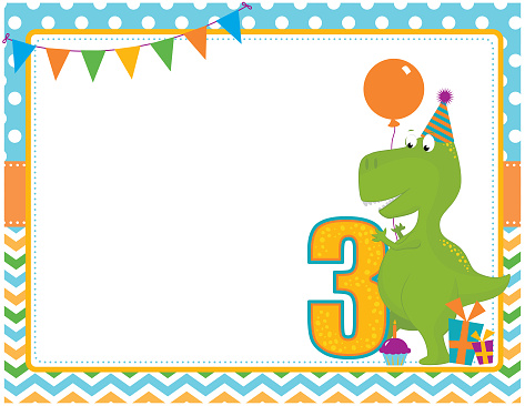 A vector illustration of a third birthday invitation featuring a dinosaur. Objects are grouped and layered for easy editing. Files included: AI, EPS10, large high res JPG and PNG.