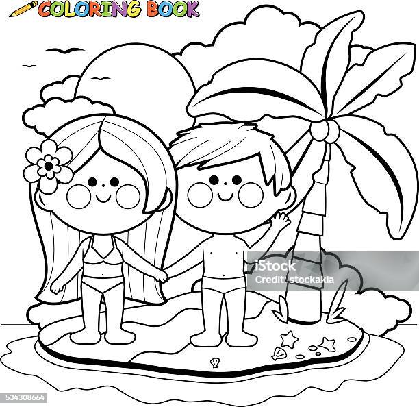 Boy And Girl On An Island Coloring Book Page Stock Illustration - Download Image Now - Beach, Coloring, Abandoned