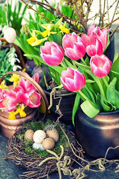 istock Easter decoration with colorful spring flowers. Tulips, snowdrop 534309281