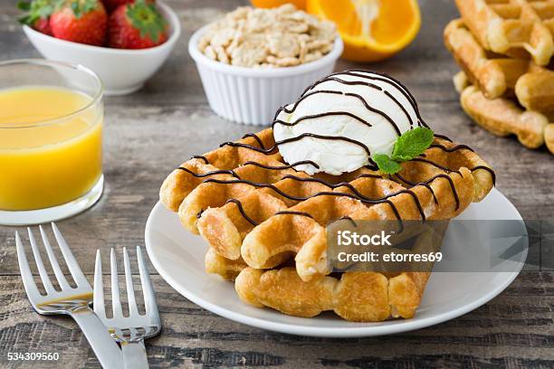 Breakfast Waffles With Ice Cream Stock Photo - Download Image Now - Baked, Baked Pastry Item, Bakery