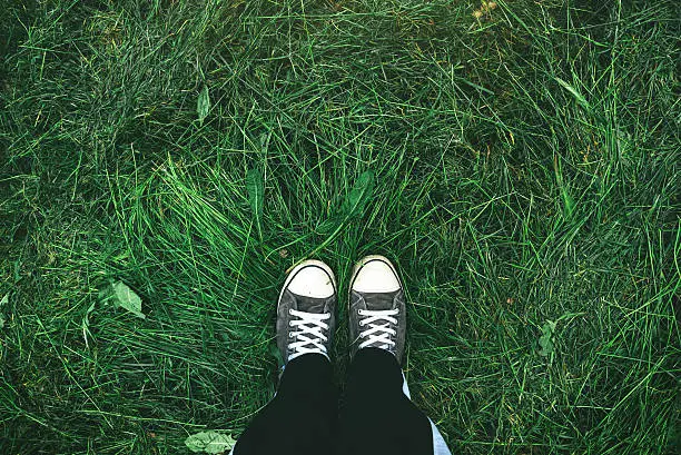 Young man standing in freshly mown grass lawn, top view of casually dressed youth person in sneakers over mowed grassy field