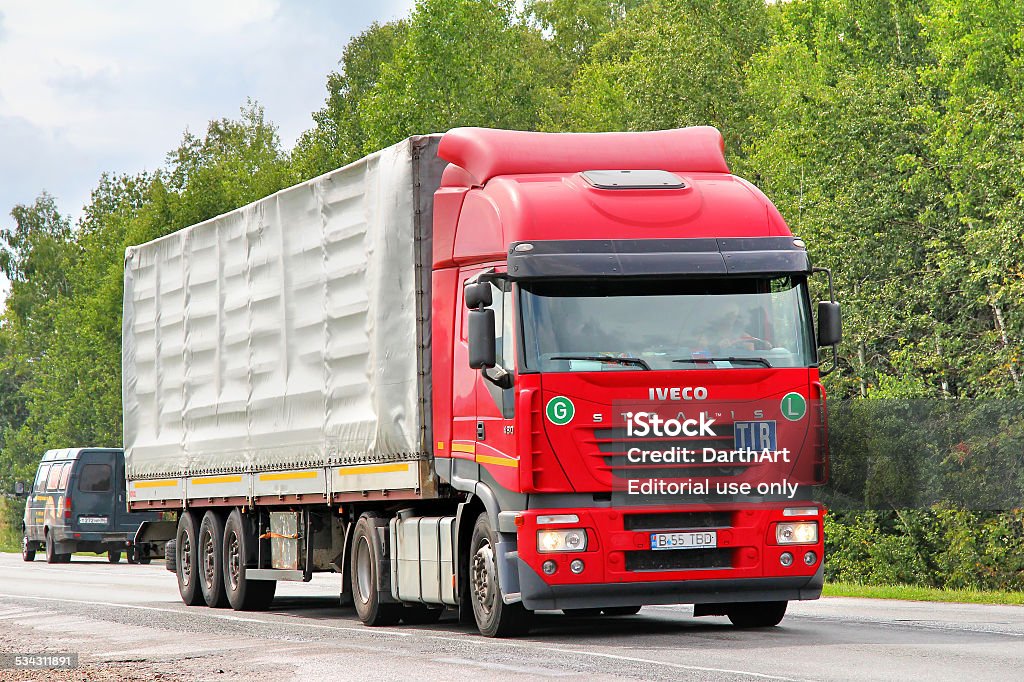 Iveco Stralis AS430 Chelyabinsk region, Russia - July 24, 2012: Red Iveco Stralis AS430 semi-trailer truck drives at the interurban road. 2015 Stock Photo