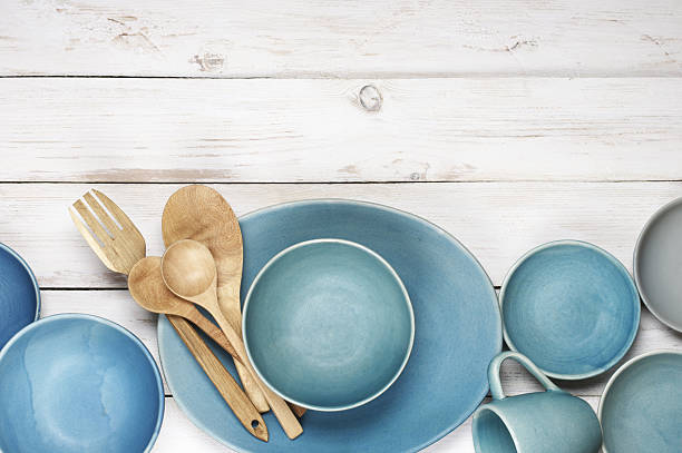istock Blue crockery on white wood 534313026