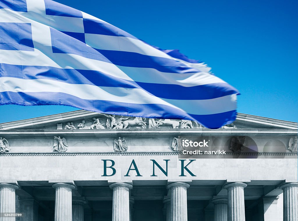Greek bank Bank with Greek flag above Greece Stock Photo