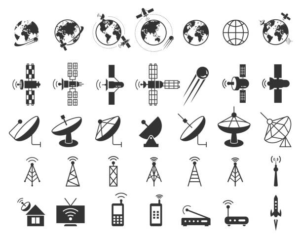 illustrations, cliparts, dessins animés et icônes de icônes vectorielles par par satellite - vaisselle picto