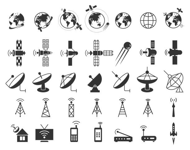 Satellite icons vector Satellite icons vector. Satellite communication, wireless satellite, connection satellite technology, internet signal satellite illustration satellite stock illustrations