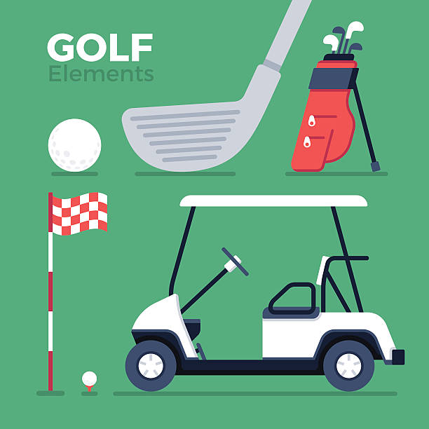 Golf Elements and Symbols Golfing elements and symbol collection including golf cart, golf bag, putter, golf ball and flag. EPS 10 file. Transparency effects used on highlight elements. golf course stock illustrations