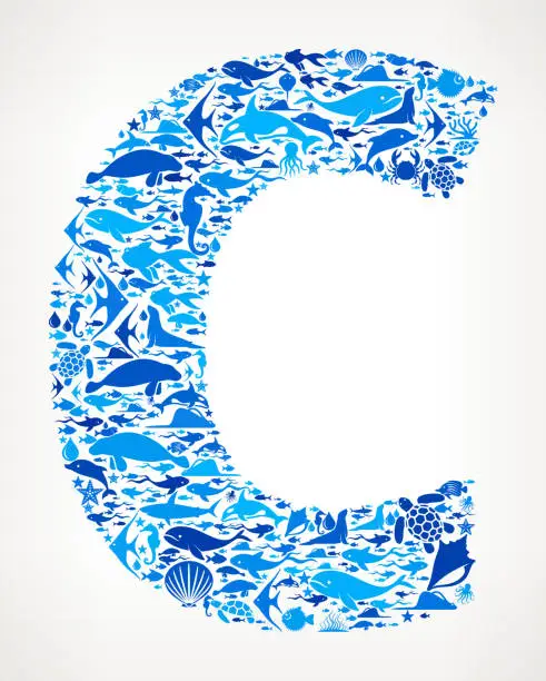 Vector illustration of Letter c Ocean Marine Life Blue Icon Pattern
