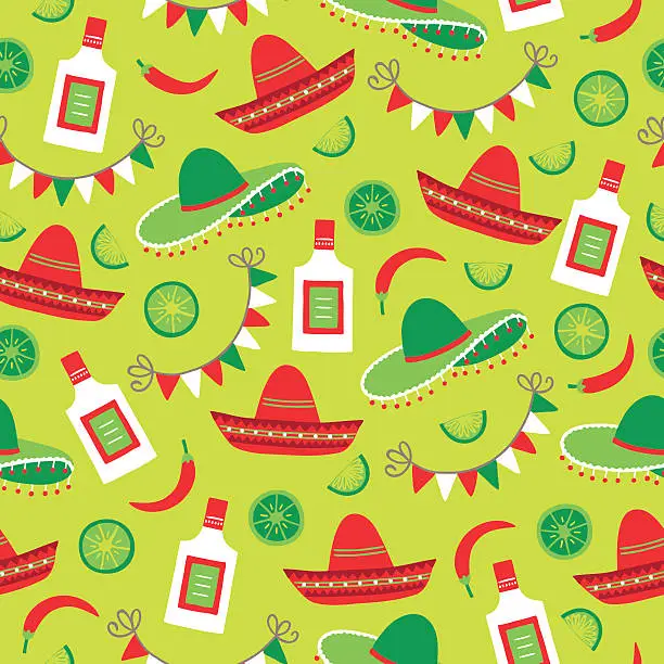 Vector illustration of Cinco de Mayo seamless pattern with garland, sombrero, lime, tequila