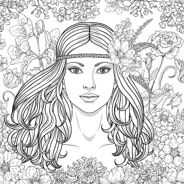 Girl with flowers contoured image. Hand drawn girl with flowers. Doodle floral frame. Black and white illustration for coloring. Monochrome image of woman with long curly hair. Vector sketch. black and white woman stock illustrations