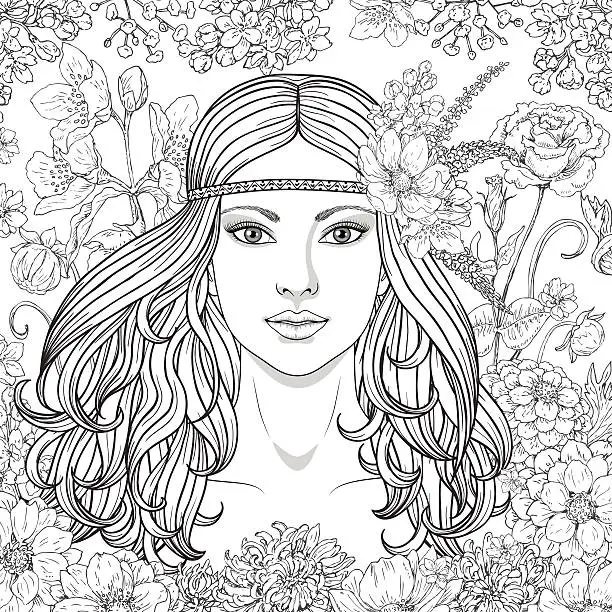 Vector illustration of Girl with flowers contoured image.