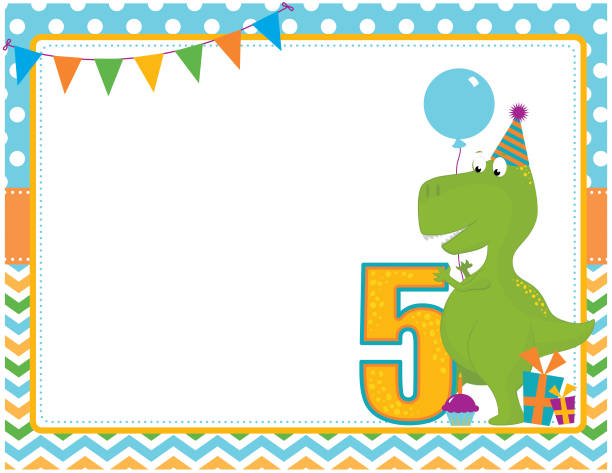 Dinosaur Fifth Birthday Card A vector illustration of a fifth birthday party invitation card featuring a dinosaur. Objects are grouped and layered for easy editing. Files included: AI, EPS10 and large high res JPG and PNG. dinosaur birthday stock illustrations