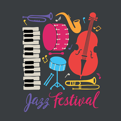 Jazz festival placard. Piano, trombone, saxophone, double bass, bass drum and snare drum. Music band. Perfect for disc cover, music concert placard. Vector illustration