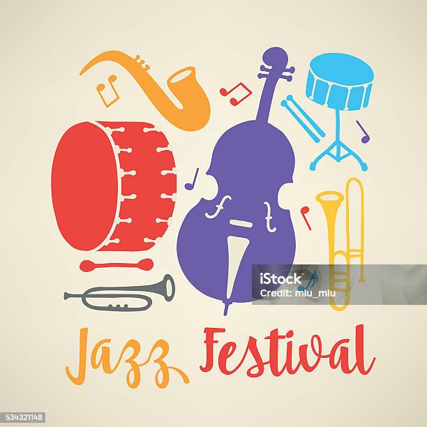 Jazz Festival Poster Template Trombone Douuble Bass Bass Drum Saxophone Stock Illustration - Download Image Now