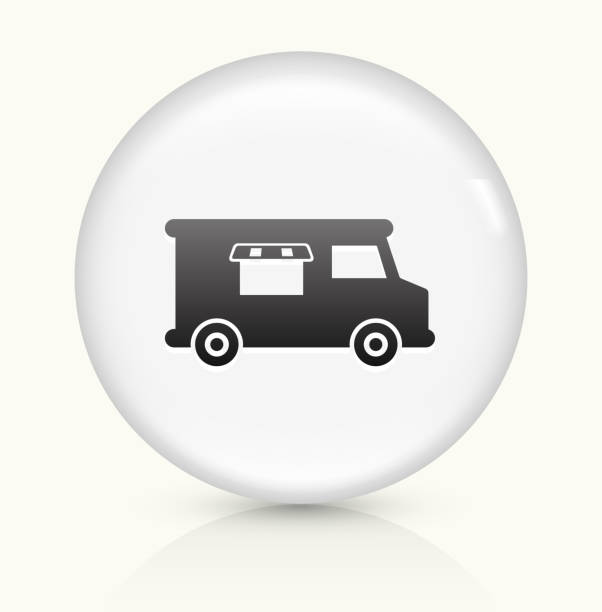 ilustrações de stock, clip art, desenhos animados e ícones de rulote de comida símbolo num botão de vetor arredondado branco - meals on wheels illustrations