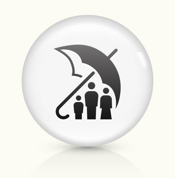 부품군 보험 백색의 라운드 벡터 아이콘 - protection umbrella people stick figure stock illustrations
