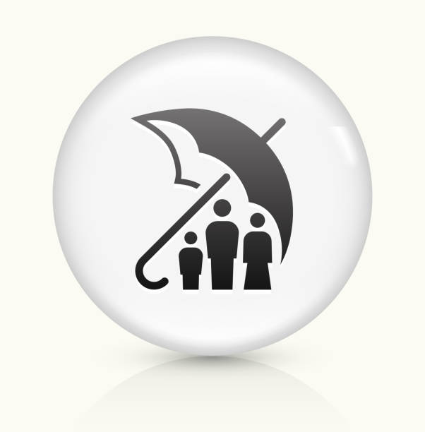 ilustrações de stock, clip art, desenhos animados e ícones de família seguros símbolo num botão de vetor arredondado branco - protection umbrella people stick figure