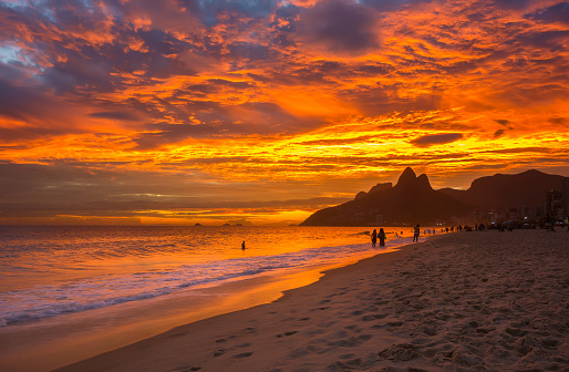 Sunset view of Ipanema beach and mountain Dois Irmao (Two Brother) in Rio de Janeiro, Brazil