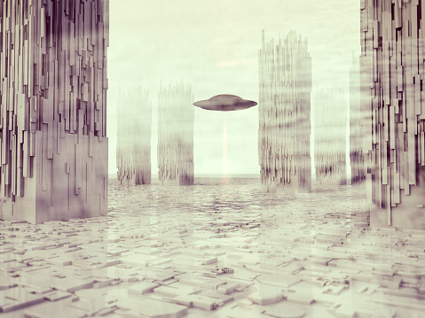 UFO flying over futuristic city.