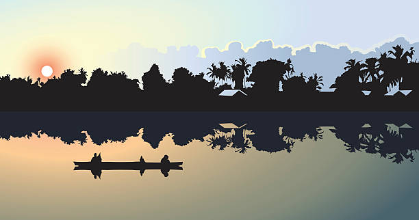 Sunset on the Mekong vector art illustration