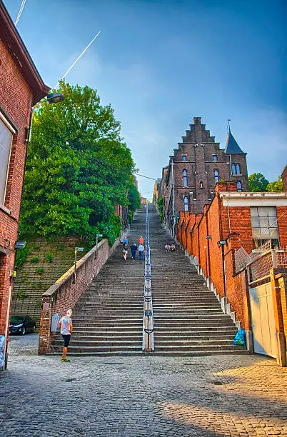 Montagne de beuren stairway with red brick houses in Liege, Belgium, Benelux, HDR