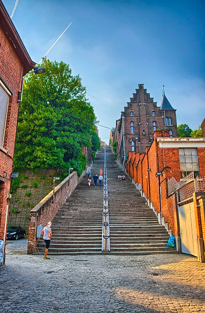montagne de beuren stairway with red brick houses in liege - 列日 個照片及圖片檔