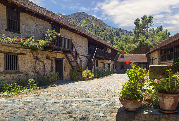 Courtyard of the Monastery of St. John Lampadistis in the summer sunny day. Kalopanagiotis village. Cyprus.
