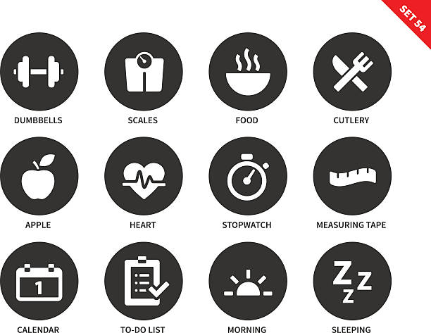 fitness ikony na białym tle - weight scale apple comparison balance stock illustrations