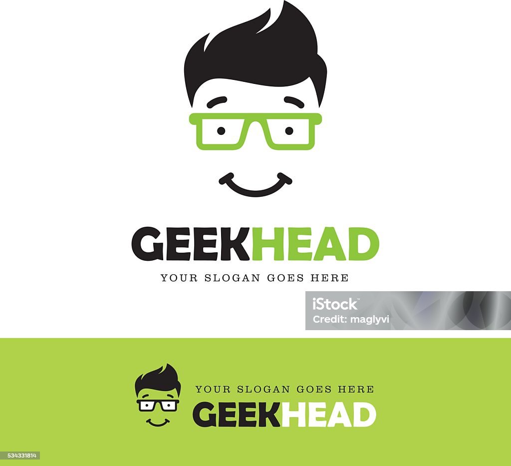 Geek Face Icon Cute smiling geek face icon in green glasses Nerd stock vector