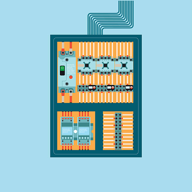 Electrical control wire system in cabinet with buttons and sensors. Electrical control wire system in cabinet with buttons and sensors, Supply of electricity, vector illustration. electrical fuse stock illustrations