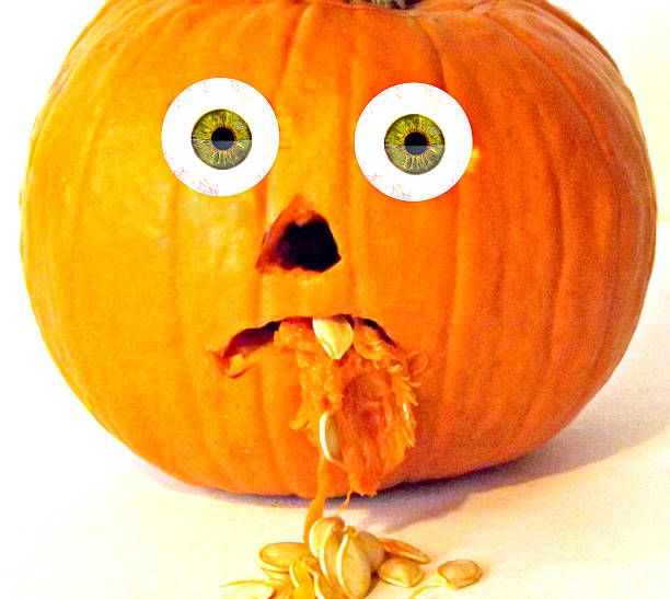 Poor Sick Oumpkin Photograph of a pumpkin that looks lie it's sick and vomiting. pumpkin throwing up stock pictures, royalty-free photos & images