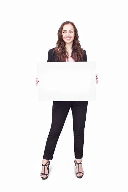 happy woman holding white blank paper stock photo