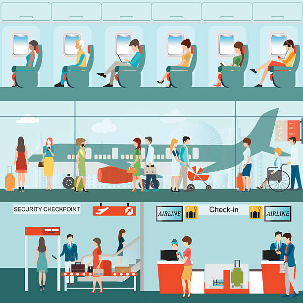 illustrations, cliparts, dessins animés et icônes de groupe de compagnie aérienne pour les passagers au terminal server de l'aéroport. - vehicle seat illustrations