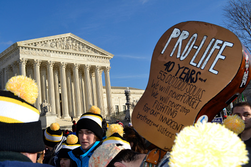 Washington D.C., USA - January 22, 2015; A guitar is held high at the U.S. Supreme Court with a Pro-Life message on the annual March For Life Rally in Washington D.C.