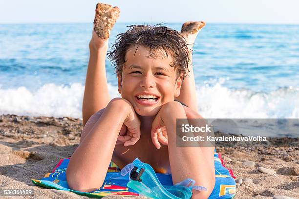 Happy Young Diver On The Sea Beach Stock Photo - Download Image Now - Beach, Blue, Boys