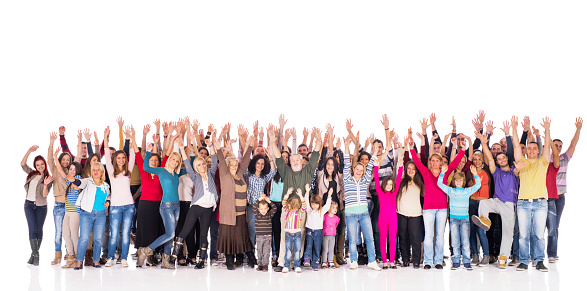 Large group of people standing together with their hands raised and looking at the camera. Isolated on white.