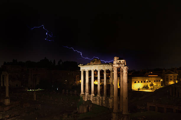 Lightning strike at the temple of Saturn, Forum Romanum, Rome, Italy