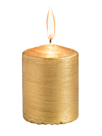 Golden burning candle isolated on white background