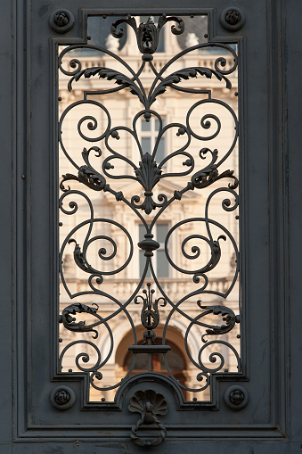 close-up view of an ornate wrought iron gate, showcasing its intricate patterns and designs. The monochrome tone highlights the textures and contrasts between the metalwork and the shadowed background, emphasizing the gate’s decorative elements.
