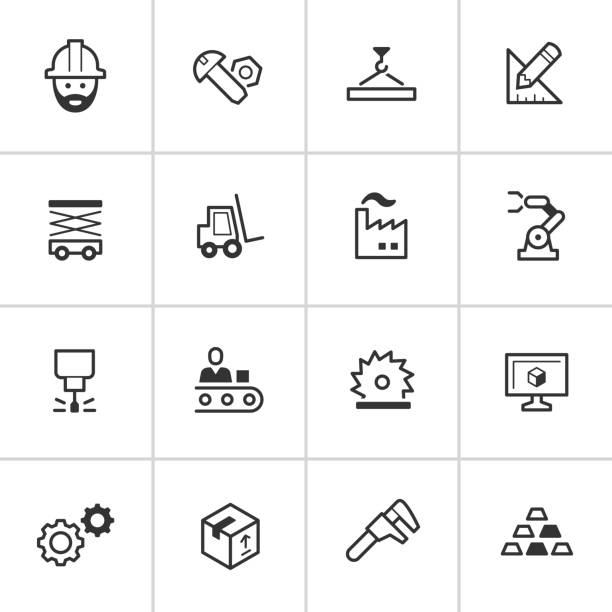 Manufacturing Icons — Inky Series Professional icon set in flat black style. Vector artwork is easy to colorize, manipulate, and scales to any size. screw industry bolt nut stock illustrations
