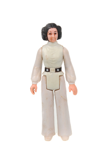 Adelaide, Australia - May 26, 2016: A studio shot of a Vintage Princess Leia Action Figure on a white background from the Star Wars universe. Star Wars is a very popular movie franchise worldwide and merchandise from Star Wars movies are highly sought after collectables.