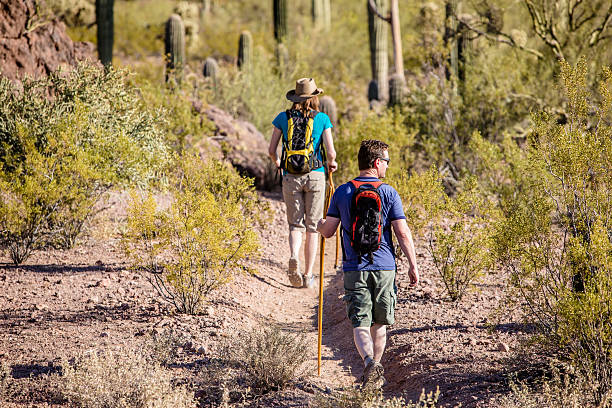 deserto caminhadas em trilhas irregulares - hiking sonoran desert arizona desert - fotografias e filmes do acervo