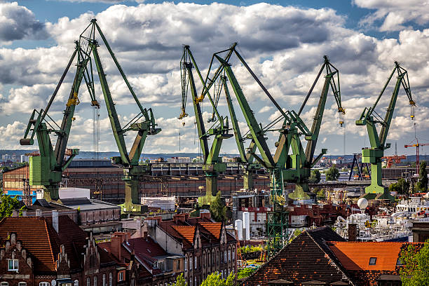 Gdansk Shipyard Aerial View, Poland Gdansk shipyard aerial view, cradle of "Solidarity", Poland  solidarity labor union stock pictures, royalty-free photos & images