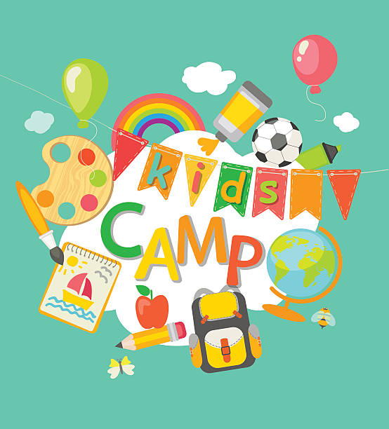 Summer Camp poster. Summer, Holiday, Kids, Map, Journey, Camp, Symbols, Icons, Signs fun school background stock illustrations