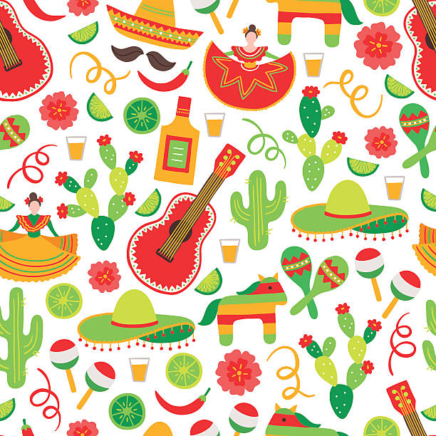 illustrazioni stock, clip art, cartoni animati e icone di tendenza di cinco de mayo vernice motivo con balli donna, tequila, cactus - spanish culture women latin american and hispanic ethnicity mexican culture